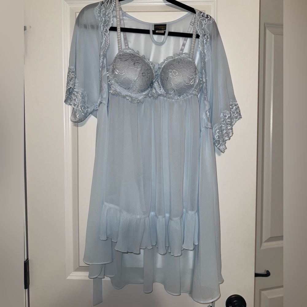 Seductivewear by Cinema Etiole Pastel Blue Romantic Lace Chiffon Babydoll Set - Picture 2 of 12